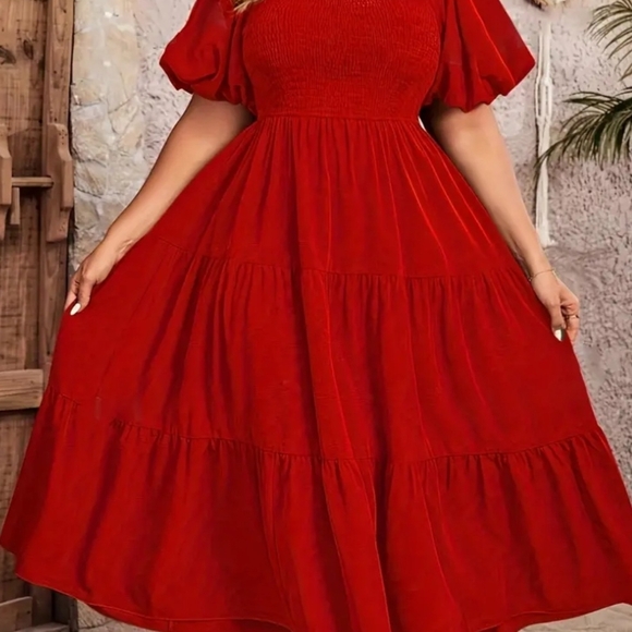 Plus Size Red Smocked Puff‑Sleeve Tiered Maxi Dress – Size 24 - Picture 3 of 3